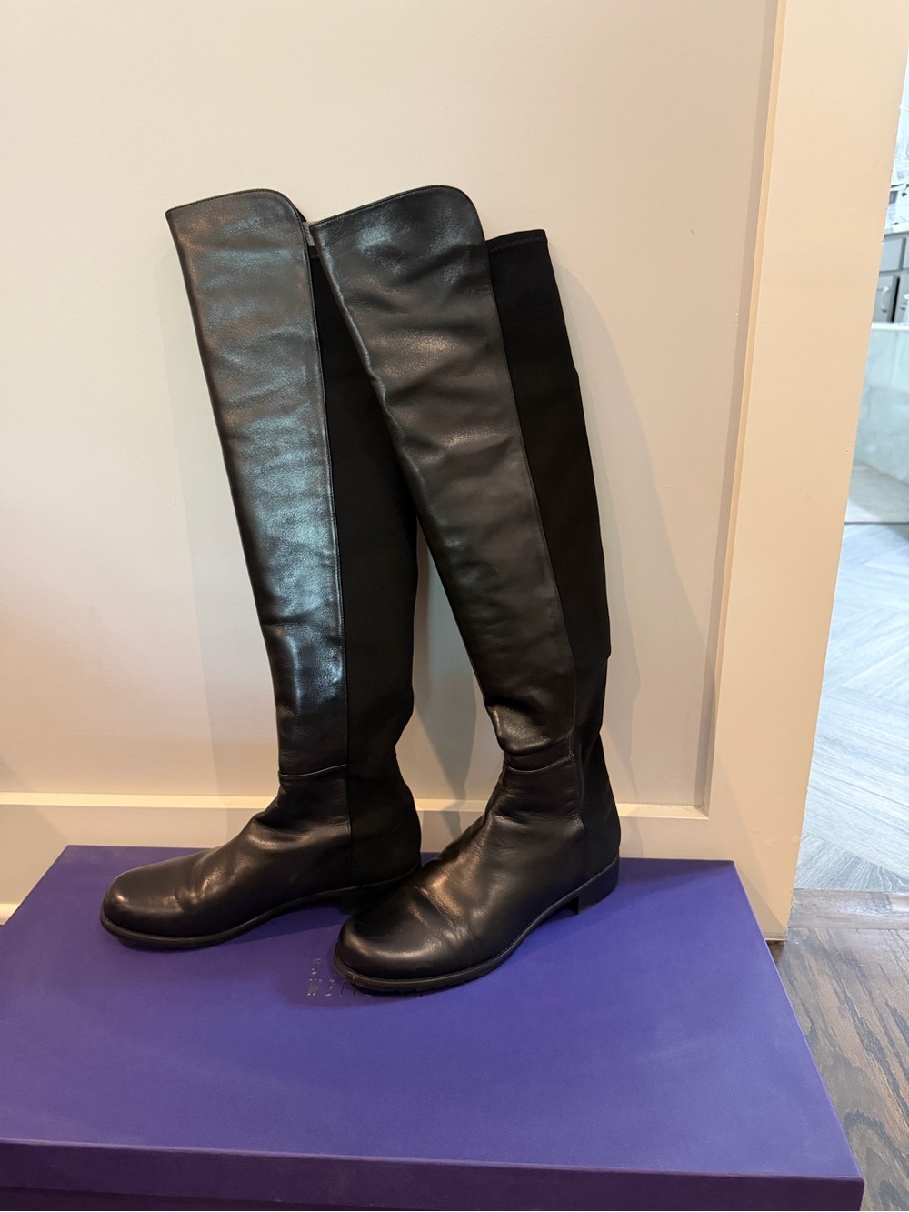 Stuart Weitzman Black Over-the-Knee Stretch Leather Boots